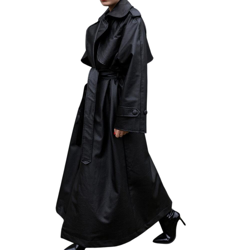 Black Faux Leather Trench Coat Women Long Belted Classic Jacket Stylish - Picture 5 of 12
